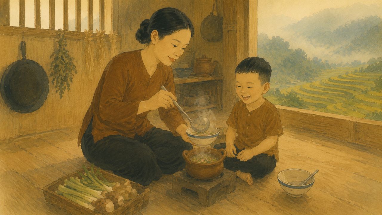 Mẹ ngồi bên bếp lửa